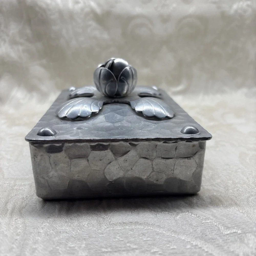 Faceted Trinket Cigarette Lipstick Box Hammered Aluminum Detailed Rose Handle